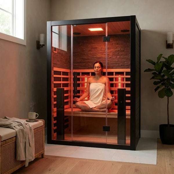 Red Light Sauna Built for Relaxation, Glass Front Design, Integrated Storage, Ambient Lighting System